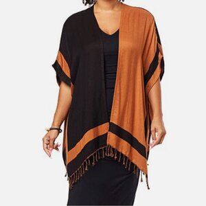 Color-block Print Reversible Ruana, Kimono, Coverup, with Fringe Hem
